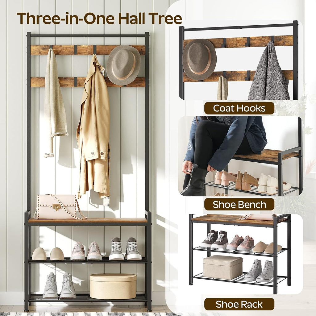 YATINEY Hall Tree, Coat Rack with Shoe Bench, Entryway Bench with Shoe Storage, Multifunctional Entryway Storage Organizer, Metal Frame and 8 Movable Hooks, for Hallway, Rustic Brown MT01BR