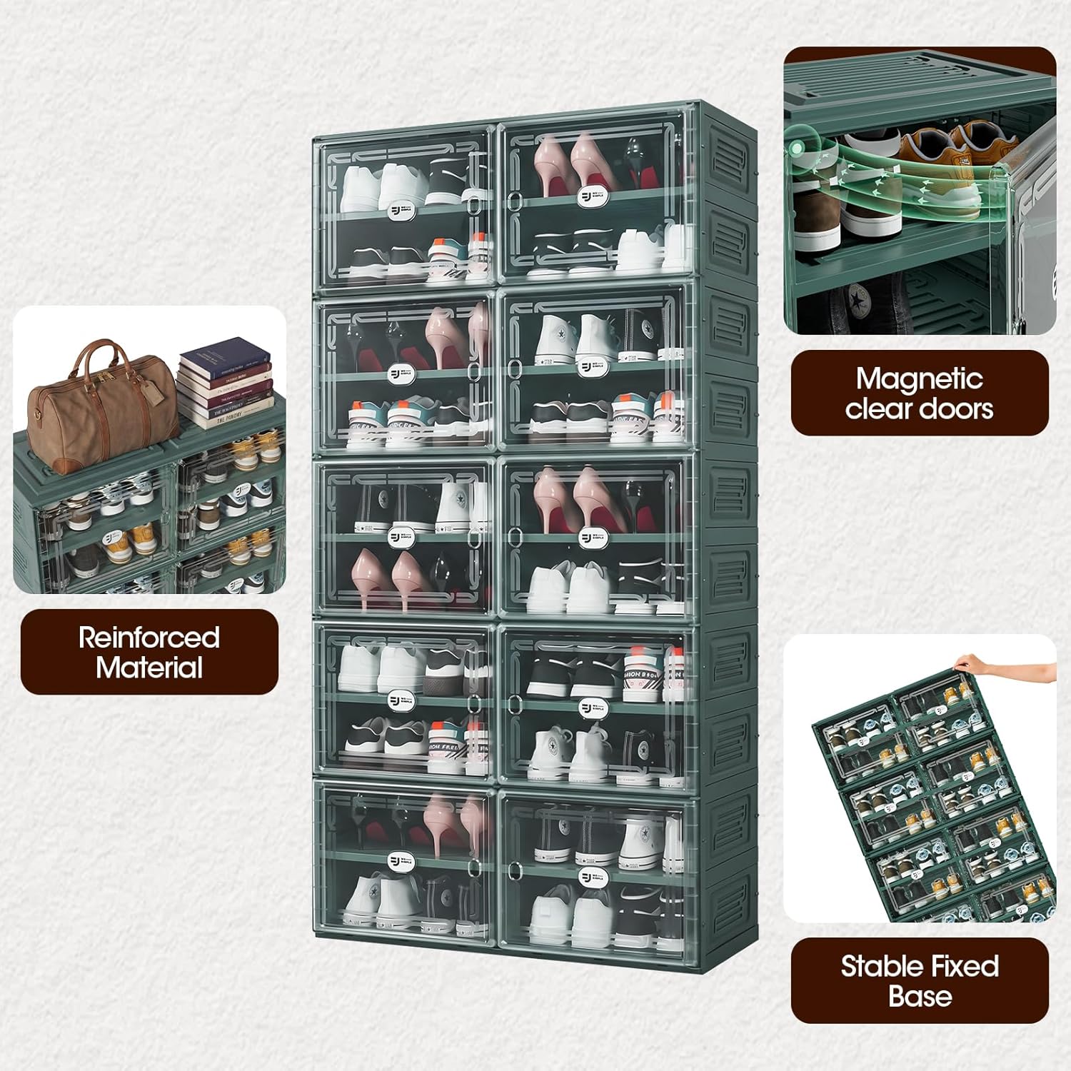 Green Foldable Shoe Storage Cabinet for 40 Pairs with Magnetic Clear Doors, Portable Enclosed Shoe Organizer, 3-Step Quick Assembly for Entryway, Closet, Garage