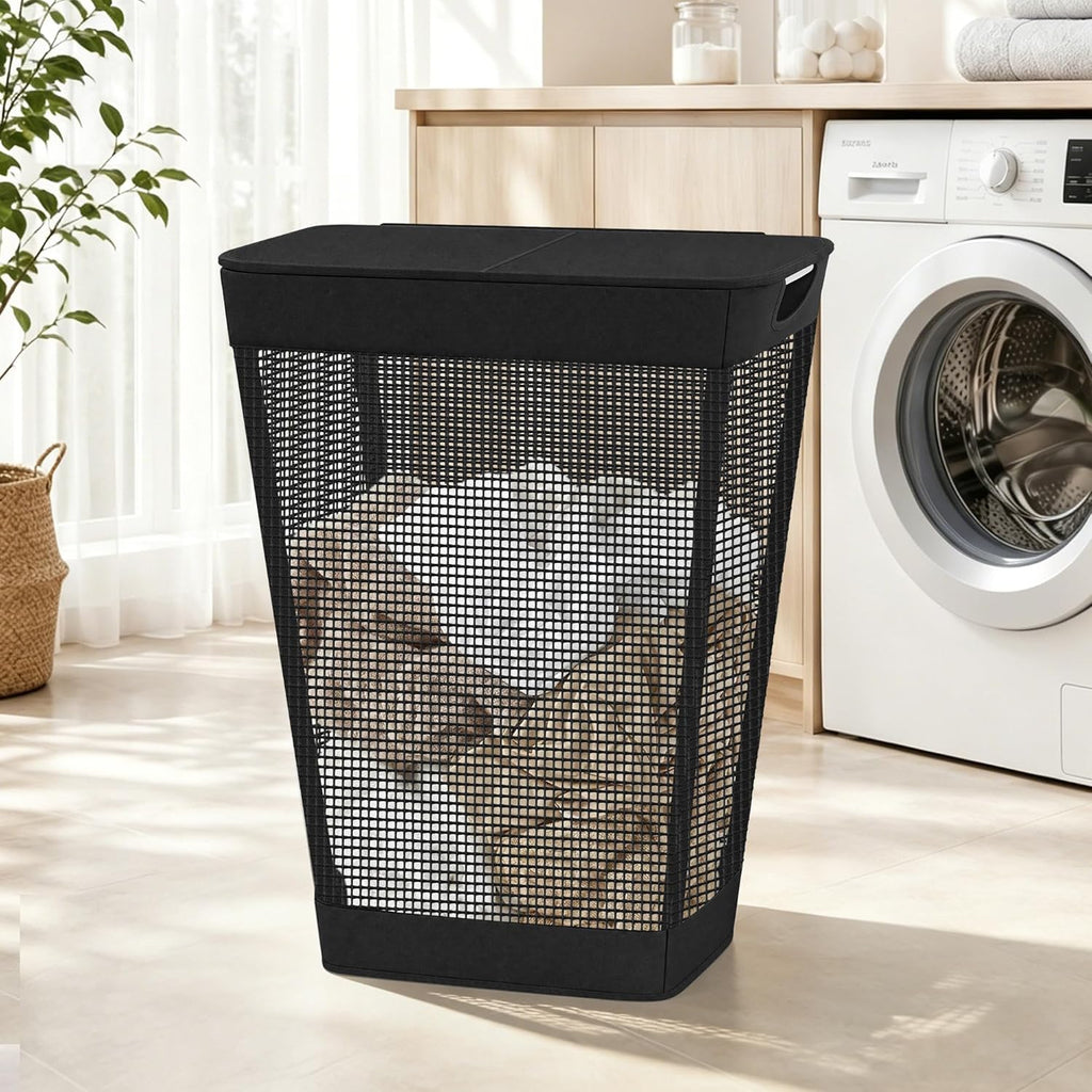 STO STO 75L Laundry Hamper with Lid, Black Clothes Hamper with Handles, Breathable Vinyl Mesh Laundry Basket, Sturdy Steel Frame, Space Saving Laundry Bin for Bathroom, Bedroom, Dorm, Small Spaces