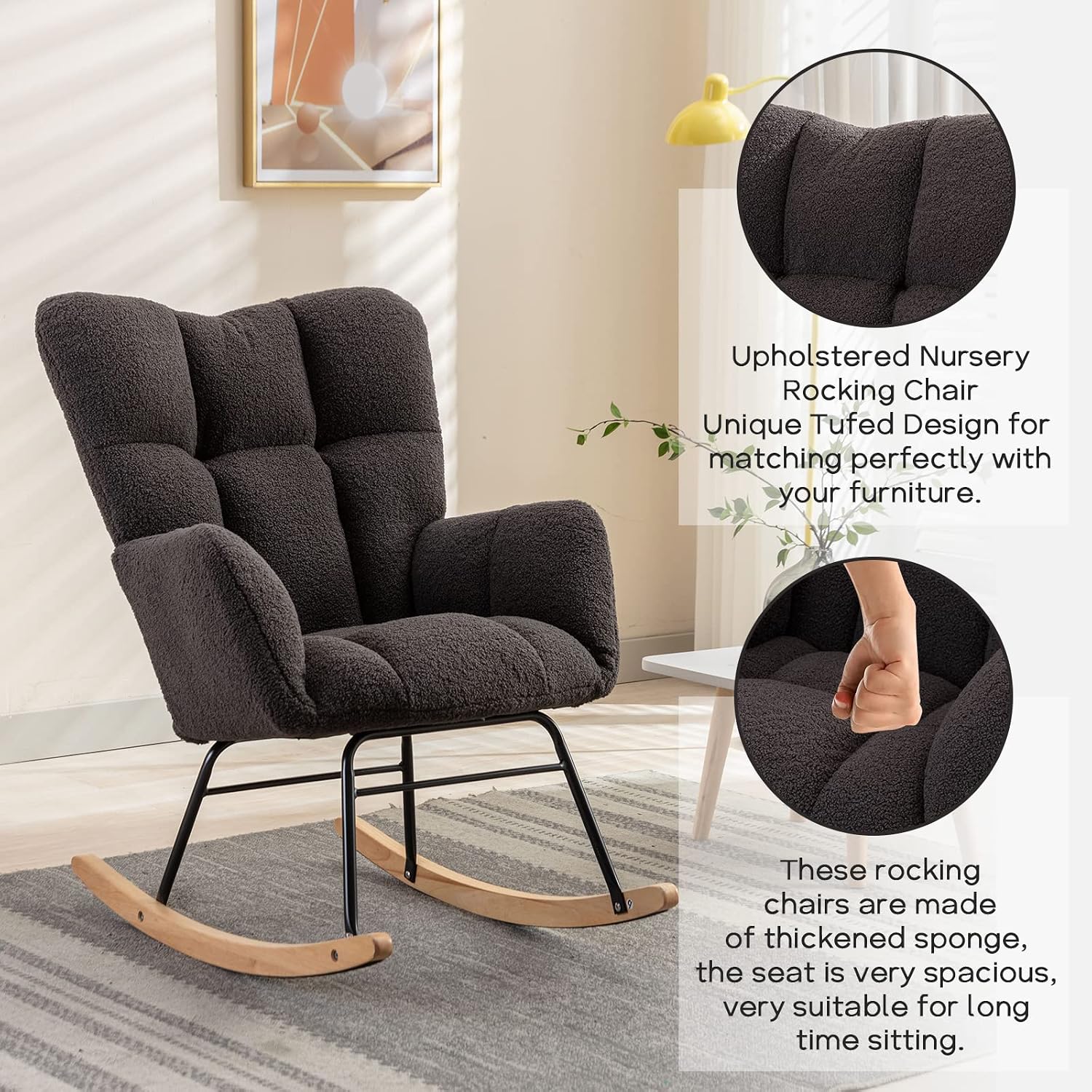 Modern Nursery Rocking Chair, Upholstered Glider Chair with High Backrest, Rocker Accent Armchair with Solid Wood Legs for Nursery Bedroom Living Room (Dark Grey Teddy)