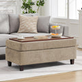 45 Inch Large Storage Ottoman Bench with Wooden Tray Coffee Table, Khaki Chenille Upholstered Foot Rest, Multifunctional Foot Stool Ottoman for Living Room, Bedroom & Entryway, Solid Wood Legs
