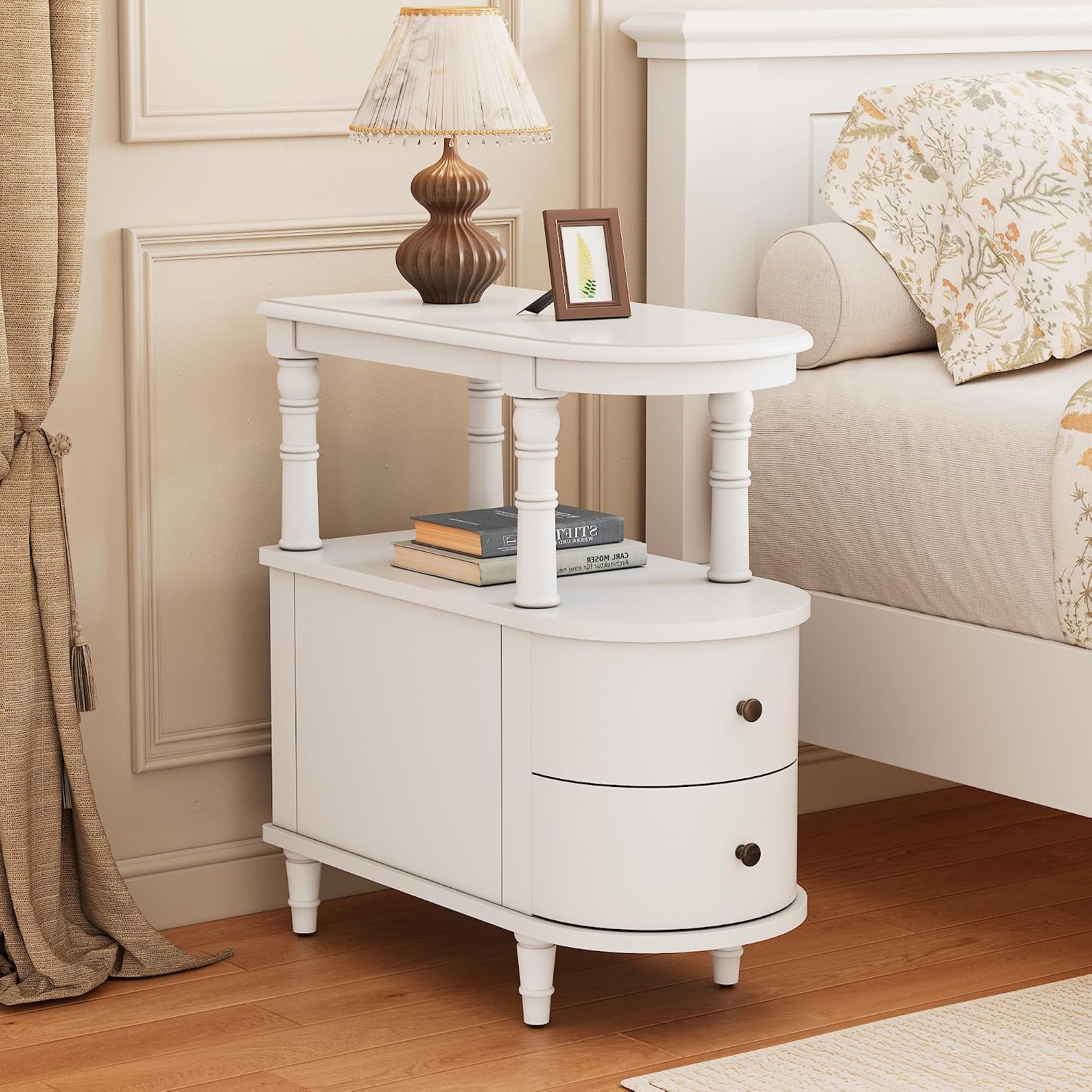 Set of 2 Wooden End Table with 2 Drawers & Storage Shelf, White | Narrow Sofa Side Table for Living Room, Slim Chair Side Table with Mid-Shelf, Vintage Small Nightstand Bedside Table for Home