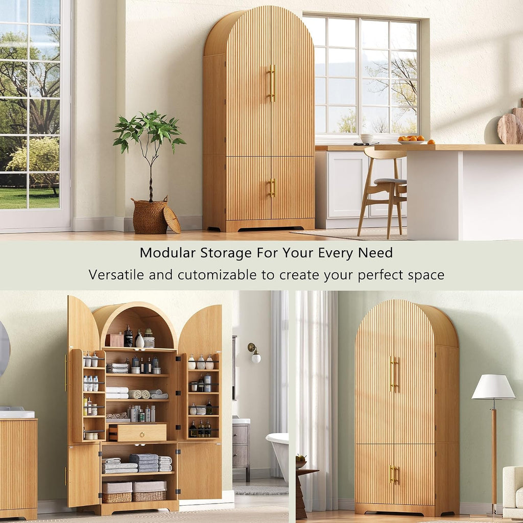 Polibi Arched Fluted Pantry Cabinet, 72" Tall Kitchen Storage with 8 Door Shelves, 3 Adjustable Shelves & Hidden Drawer, for Kitchen, Dining Room, Natural