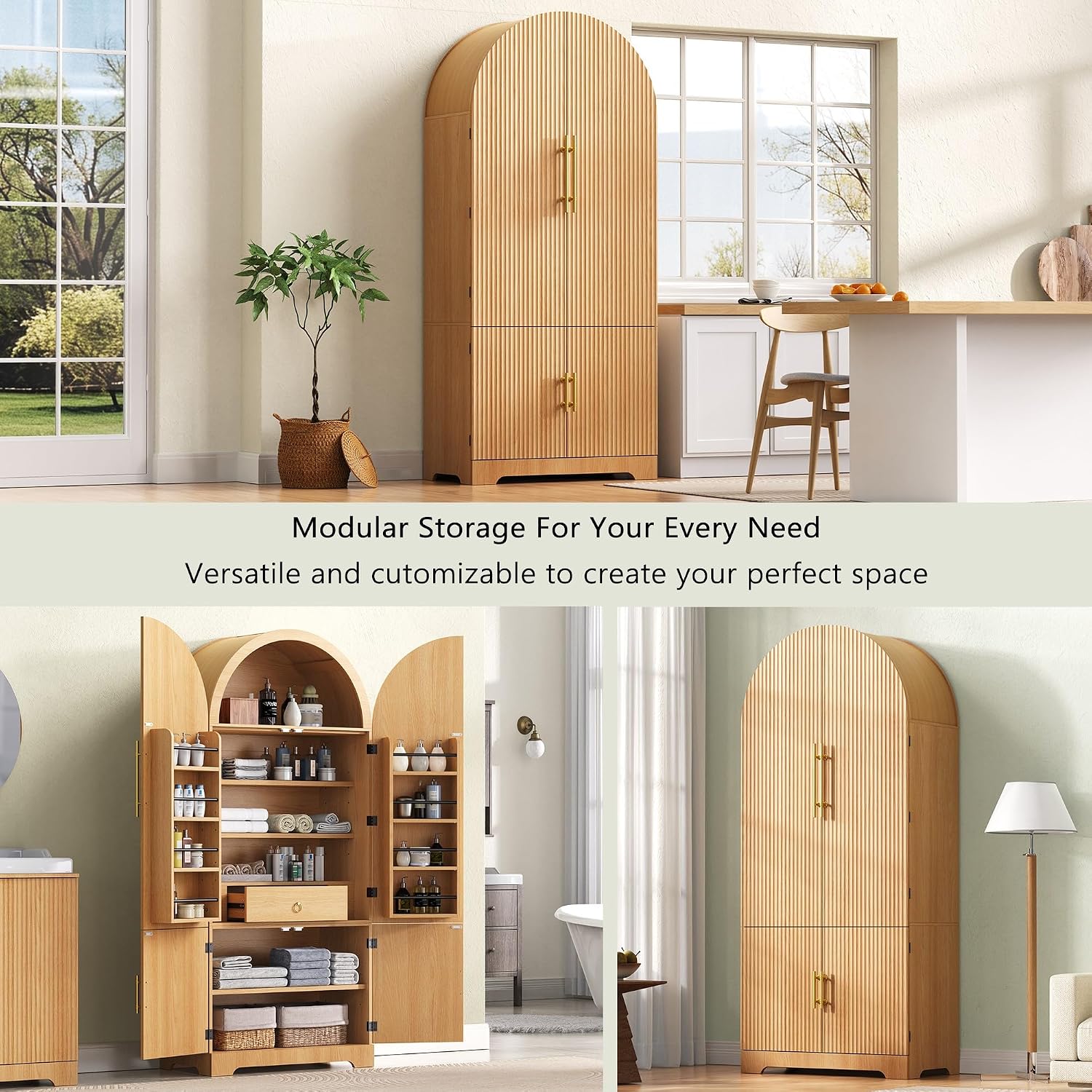 Polibi Arched Fluted Pantry Cabinet, 72" Tall Kitchen Storage with 8 Door Shelves, 3 Adjustable Shelves & Hidden Drawer, for Kitchen, Dining Room, Natural