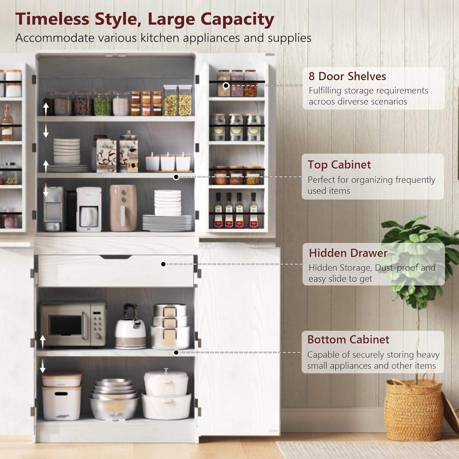 Merax 72" Tall Farmhouse Kitchen Pantry Cabinet with 8 Door Shelves, Curved Design Storage Cabinet with 3 Adjustable Shelves, Hidden Drawer, Versatile Cupboard for Kitchen, Dining & Bathroom, White