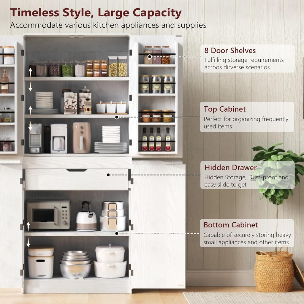 72" Tall Farmhouse Kitchen Pantry Cabinet with 8 Door Shelves & Hidden Drawer, Storage Cabinet with Adjustable Shelves, Versatile Pantry Cabinet for Kitchen, Dining & Bathroom Organization(White)