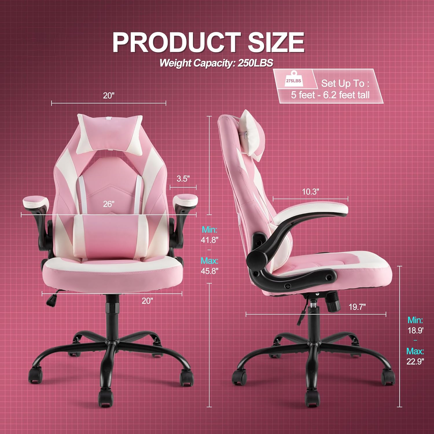 Ergonomic Computer Gaming Desk Chair, PU Leather with Adjustable Lumbar Support and Headrest, Flip-Up Armrests Swivel Wheels & Reclining Chair for Adults and Teens (Pink)