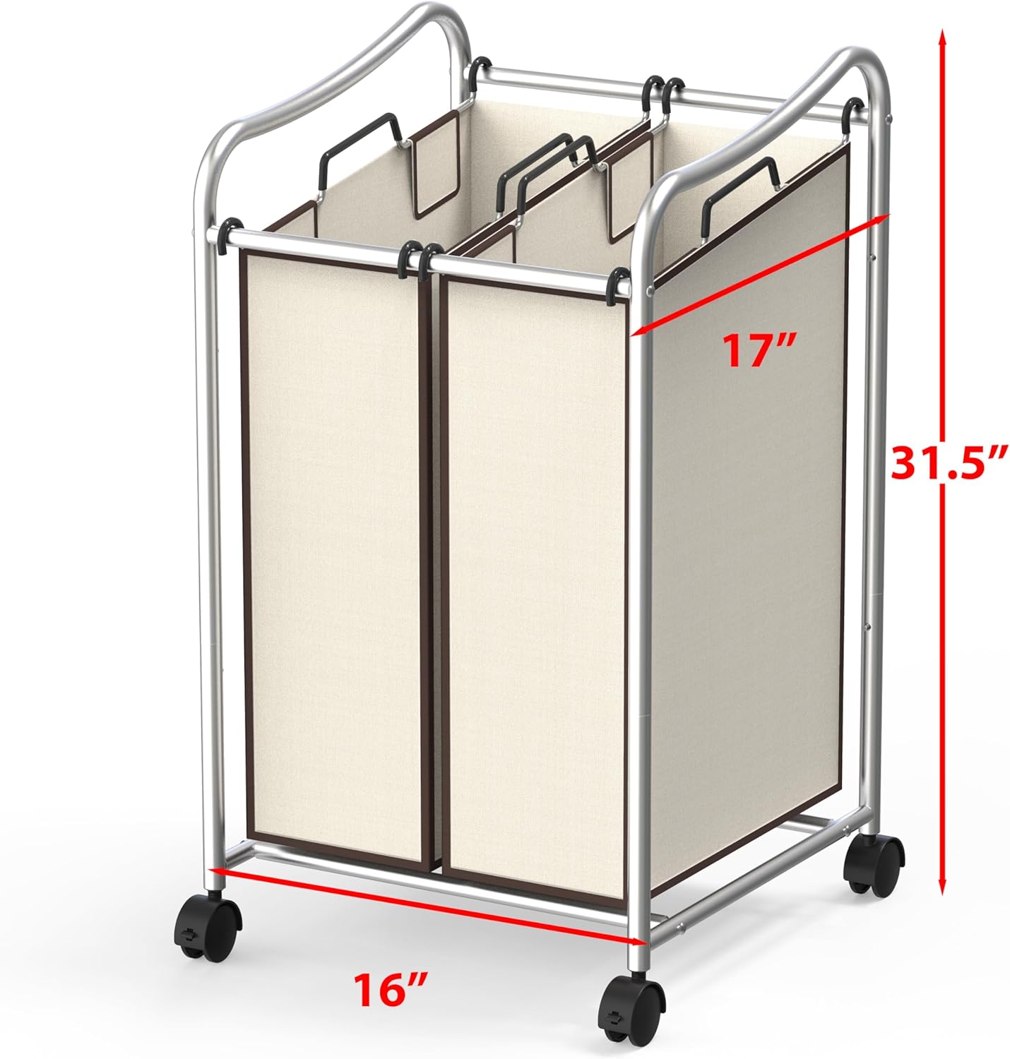 Simple Houseware 2-Bag Heavy Duty Rolling Laundry Sorter Cart, Chrome – 2 Section Removable Bags and Lockable Wheels for Laundry Room Organization