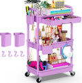 Goovilla 3 Tier Rolling Utility Cart Organizer with Removable Drawer, Stable and Sturdy Purple Rolling Storage Carts with 2 Lockable Wheels for Bathroom, Kitchen, Snack, Craft, Makeup, Baby Essentials