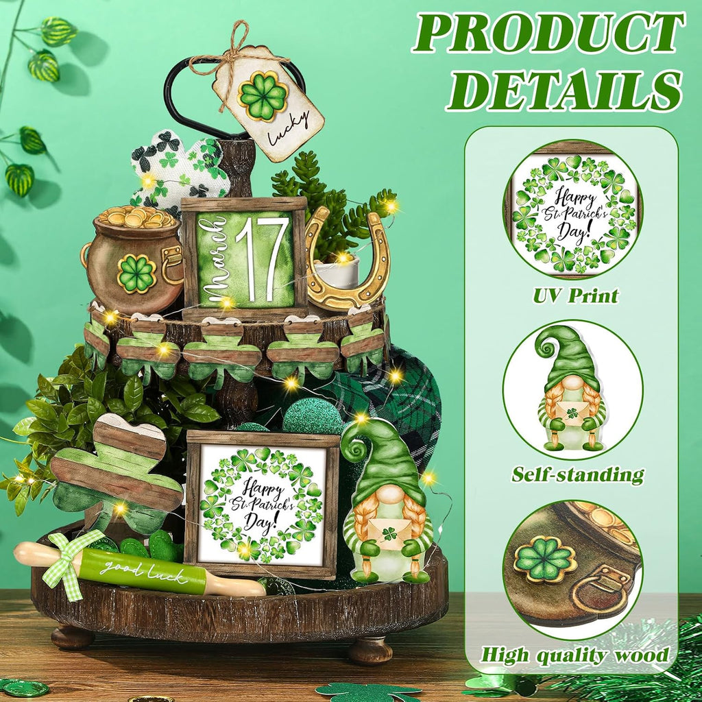 FairySandy St. Patrick's Day Retro Tiered Tray Decor Shamrock Wooden Tier Tray Decor Irish Vintage Green Shamrock Gnome Leprechaun Rustic Farmhouse Wood Sign Tabletop for Saint Patricks Day Decoration