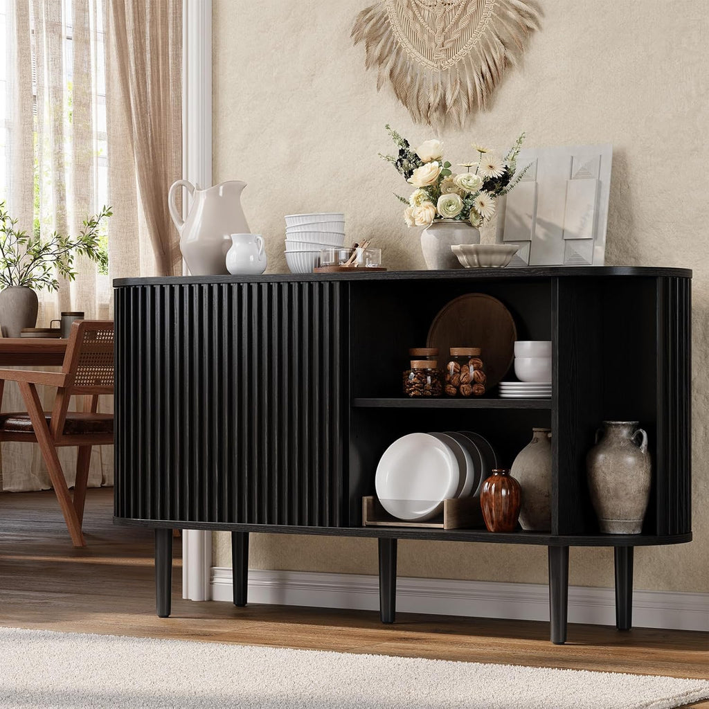 ONBRILL 55" Buffet Sideboard Cabinet with Sliding Doors, Mid-Century Modern Sideboard Buffet Cabinet with Storage & Adjustable Shelves, Accent Coffee Bar Console Table for Kitchen, Entryway, Black