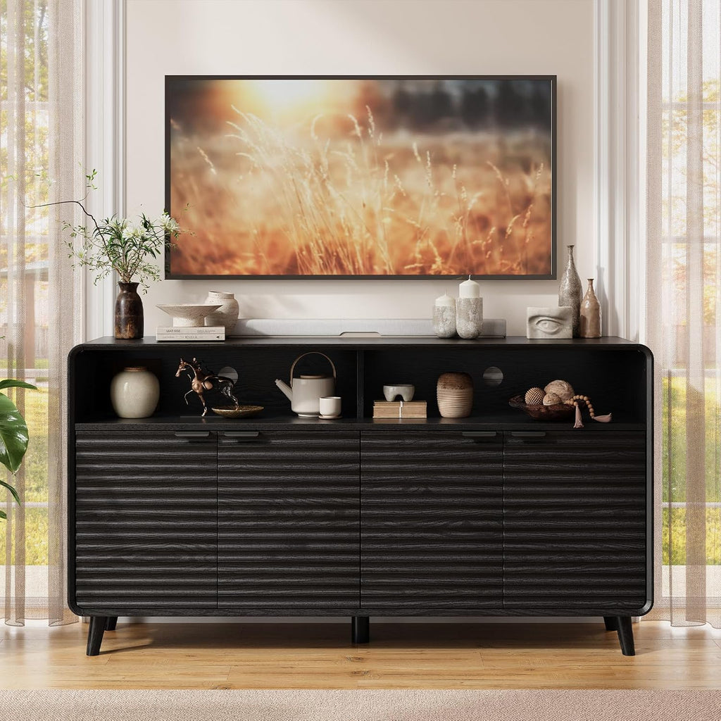 61" Sideboard Buffet Cabinet with Open Storage & 4 Doors, Large Coffee Bar Cabinet with Adjustable Shelves, Mid Century Modern Fluted Buffet Cabinet for Kitchen, Living Room, Black