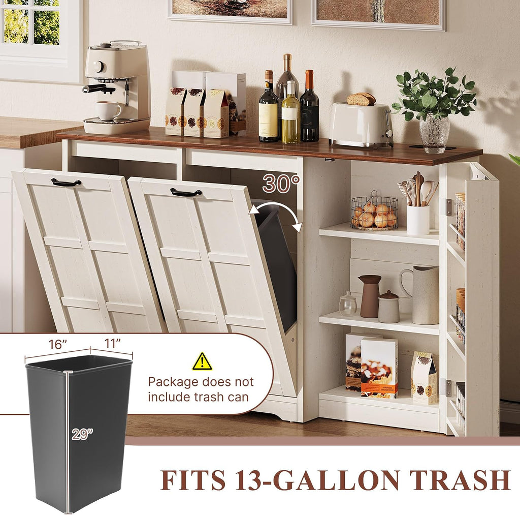 YITAHOME Farmhouse Kitchen Island with Power Outlet, Kitchen Storage Island with 2 Tilt-Out Compartments for 13 Gallon Trash Bins, Adjustable Shelf