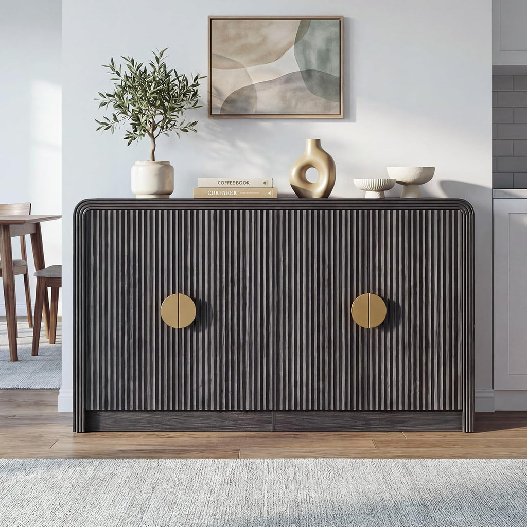 Decofy 55" Buffet Sideboard Cabinet, Modern Mid Century Console Cabinet with Adjustable Shelves & Wavy Grain Doors for Kitchen Cabinets, Living Room, Entryway, Coffee Bar Cabinet (Black Walnut)