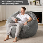 Hobestluk Bean Bag Chair Large Washable Soft Living Room Adult 5Ft Grey | No Assembly Required Memory Foam Filling Machine Washable Cover Bedroom Dorm Reading Gaming Fluffy Plush Faux Fur Fabric