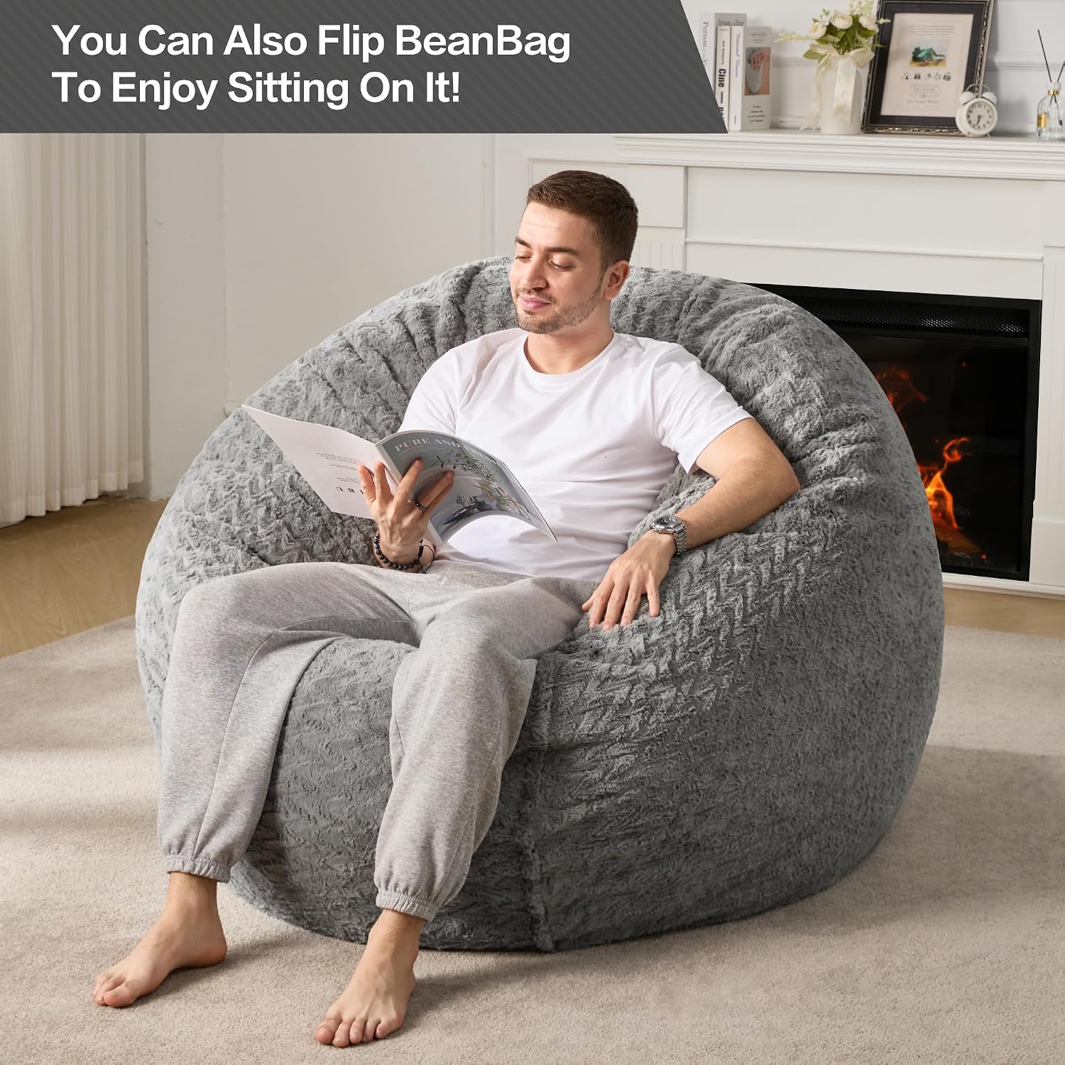 Hobestluk Bean Bag Chair Large Washable Soft Living Room Adult 5Ft Grey | No Assembly Required Memory Foam Filling Machine Washable Cover Bedroom Dorm Reading Gaming Fluffy Plush Faux Fur Fabric