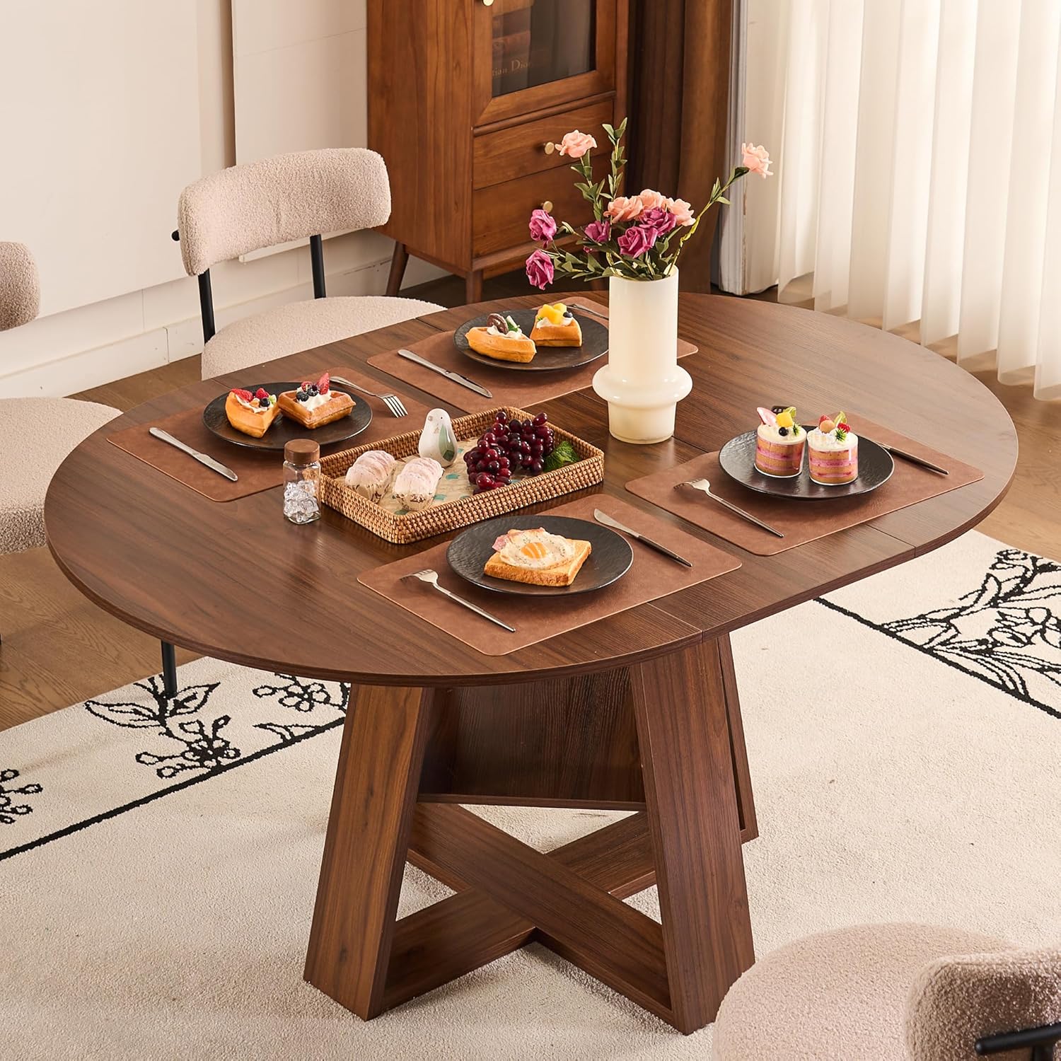 ClinQ 43.3-59in Extendable Round Room Dining Table for 4-6, Modern Kitchen Oval Dining Room Table, Removable Leaves Space Saving, Wooden Base Storage Shelf, Kitchen, Living Room, Dining Room, LWalnut