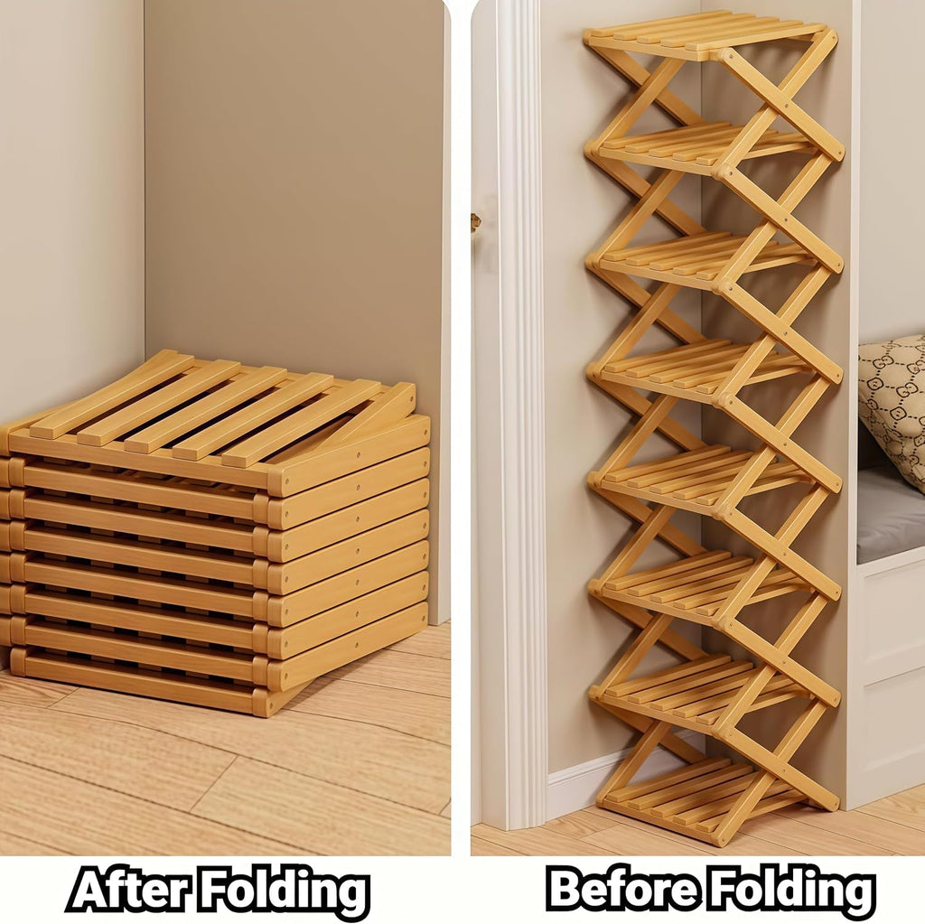 2026 New The 9-Tier No-Assembly Bamboo Rack for Shoes, Foldable 6/7/9 Tier Bamboo Shoe Rack, The End of Your Entryway/Closet/Dorm Shoe Pile, Space-Saving (Nature 9 Layers)