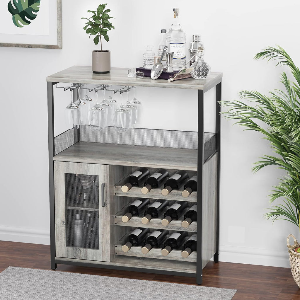 Amyove Wine Bar Rack Cabinet with Detachable Wine Rack, Bar Rack with Glass Holder, Small Sideboard and Buffet Cabinet with Mesh Door, Grey