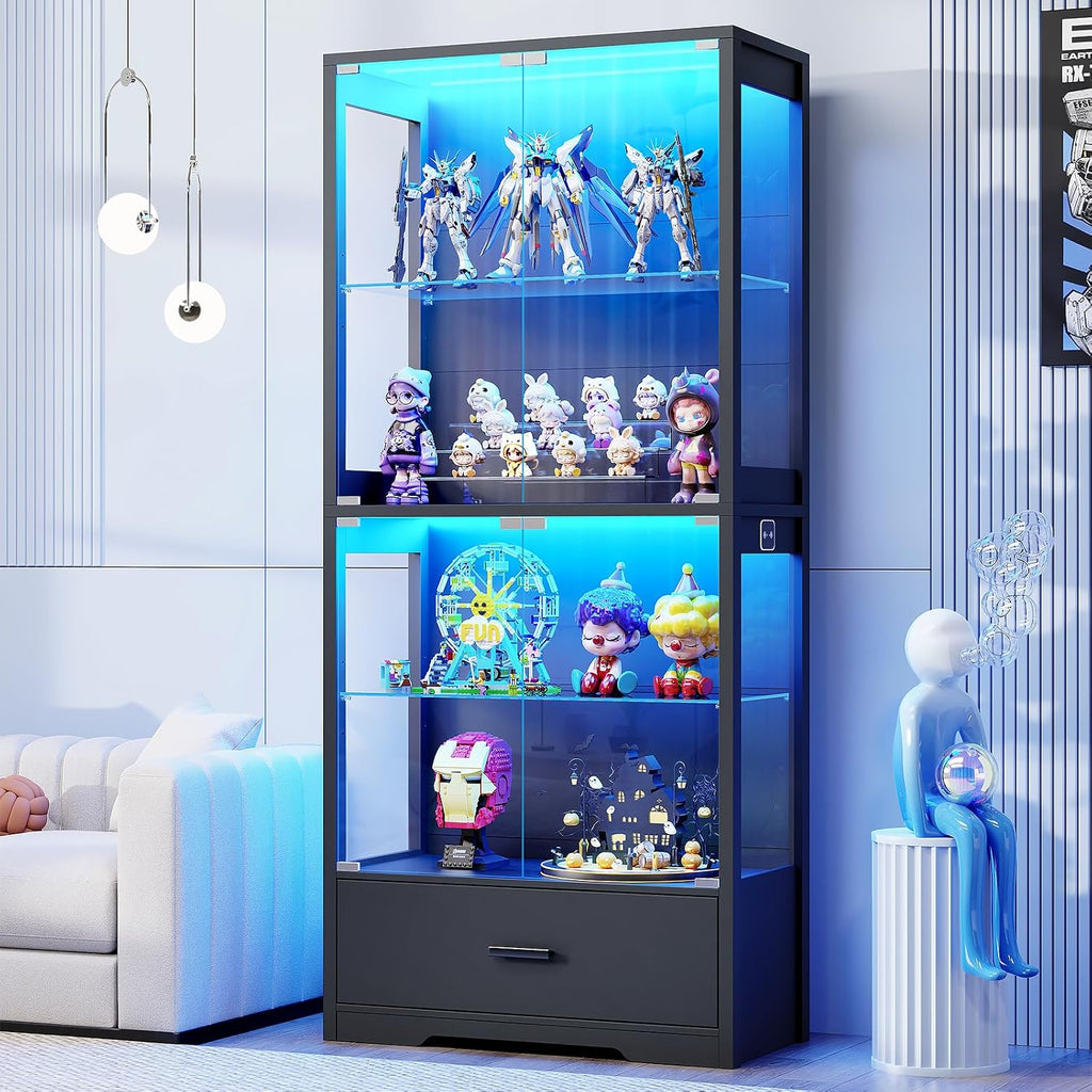 BROTTAR Display Cabinet with Glass Doors, 4-Tier Curio Cabinet with Drawer for Collectibles, Display Case with 3-Color Lights & Human Body Sensor, Storage Cabinets with Adjustable Glass Shelves, Black