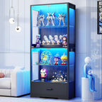 BROTTAR Display Cabinet with Glass Doors, 4-Tier Curio Cabinet with Drawer for Collectibles, Display Case with 3-Color Lights & Human Body Sensor, Storage Cabinets with Adjustable Glass Shelves, Black