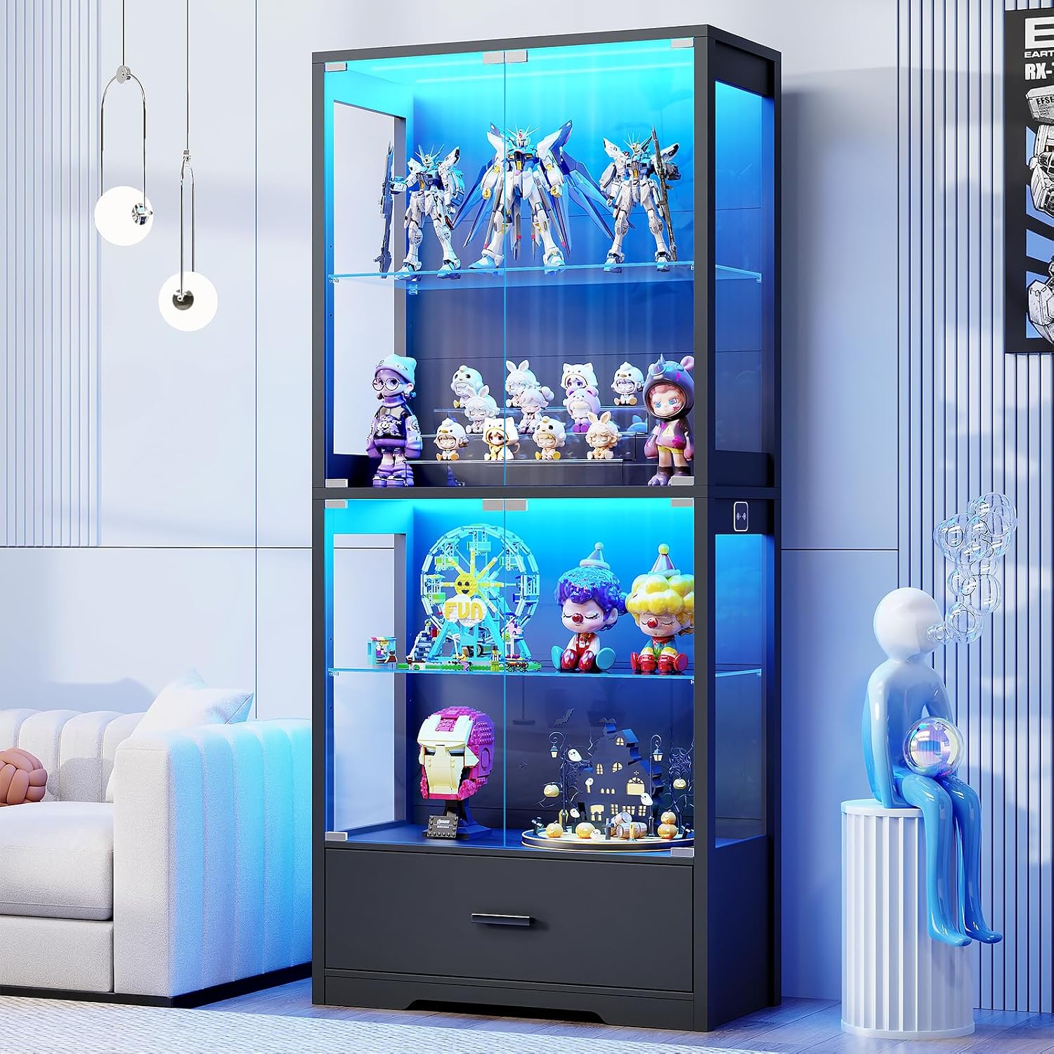 BROTTAR Display Cabinet with Glass Doors, 4-Tier Curio Cabinet with Drawer for Collectibles, Display Case with 3-Color Lights & Human Body Sensor, Storage Cabinets with Adjustable Glass Shelves, Black