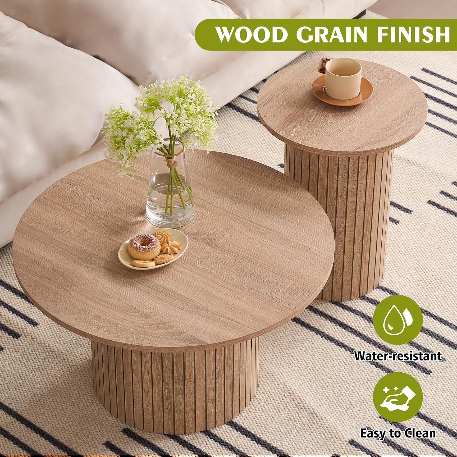 Round Nesting Coffee Table Set of 2, Modern Fluted Wood Side Tables for Small Spaces, Living Room, Bedroom, Balcony, or Office(Natural)