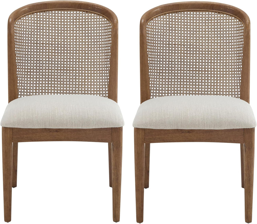 Christopher Knight Home Lilia Dining Chairs Set of 2, Modern Dining Chair with Fabric Upholstery, Rubberwood Frame Kitchen Chairs with Cane Webbing, Extra Seat for Dining Room, Beige + Walnut