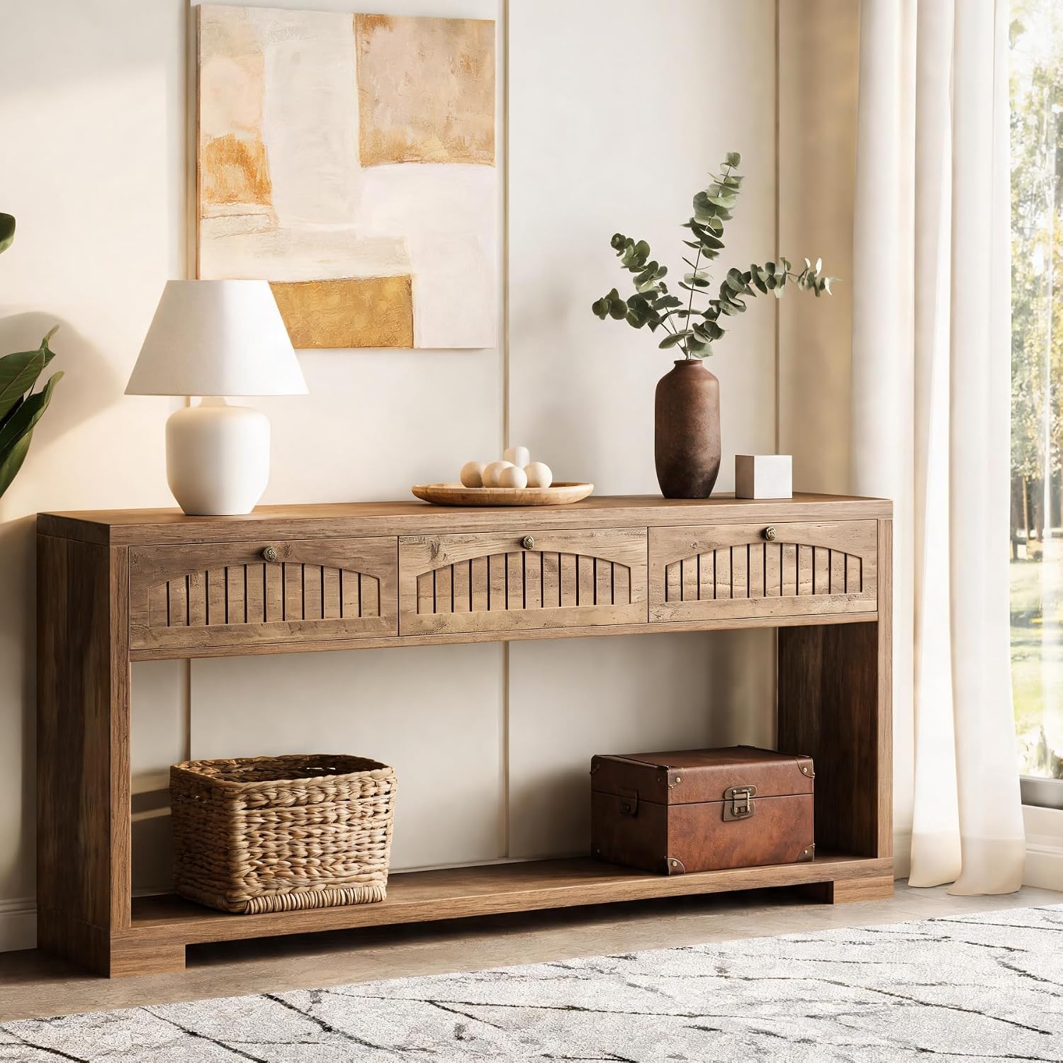 LITTLE TREE Long Entryway Table with 3 Drawers, 70 Inches Farmhouse Console Table for Entry, Behind Sofa, Foyer, Hallway, Behind Couch, Entrance with 2-Tier Storage Shelves, Rustic Brown