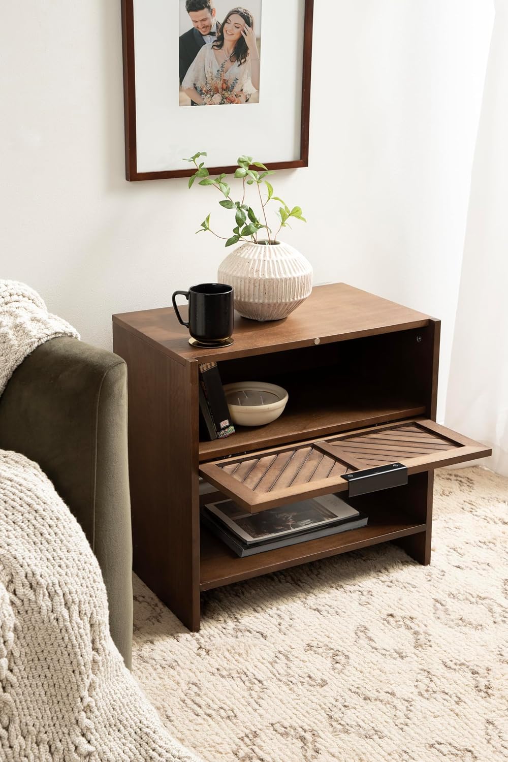 Kate and Laurel Mezzeta Modern Slatted Wood Side Table with Storage, 22 x 14 x 22, Natural Wood, Transitional Chevron Mango Wood End Table with Bonus Shelf Below for Bedroom Nightstand