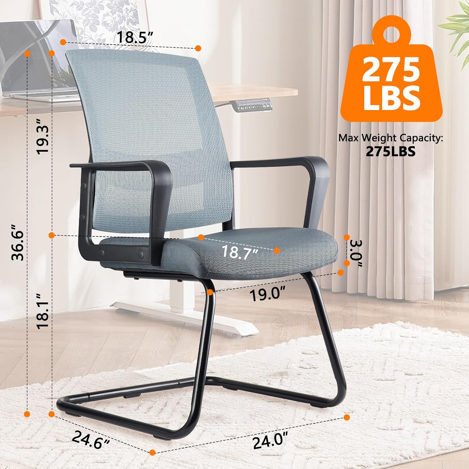 CLATINA Office Guest Chair with Adjustable Lumbar Support and Mesh Back Computer Chairs with Sled Base Desk Chair no Wheels for Reception Conference Room Waiting Guest Study Room Gray 1PK
