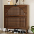 Shoe Storage Cabinet with 2 Flip Drawers, Narrow Wood Shoe Organizer Cabinet with Fluted Panel, Slim Shoe Rack for Entryway, Freestanding Shoe Cabinet for Living Room, Hallway, Walnut