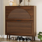 Shoe Storage Cabinet with 2 Flip Drawers, Narrow Wood Shoe Organizer Cabinet with Fluted Panel, Slim Shoe Rack for Entryway, Freestanding Shoe Cabinet for Living Room, Hallway, Walnut