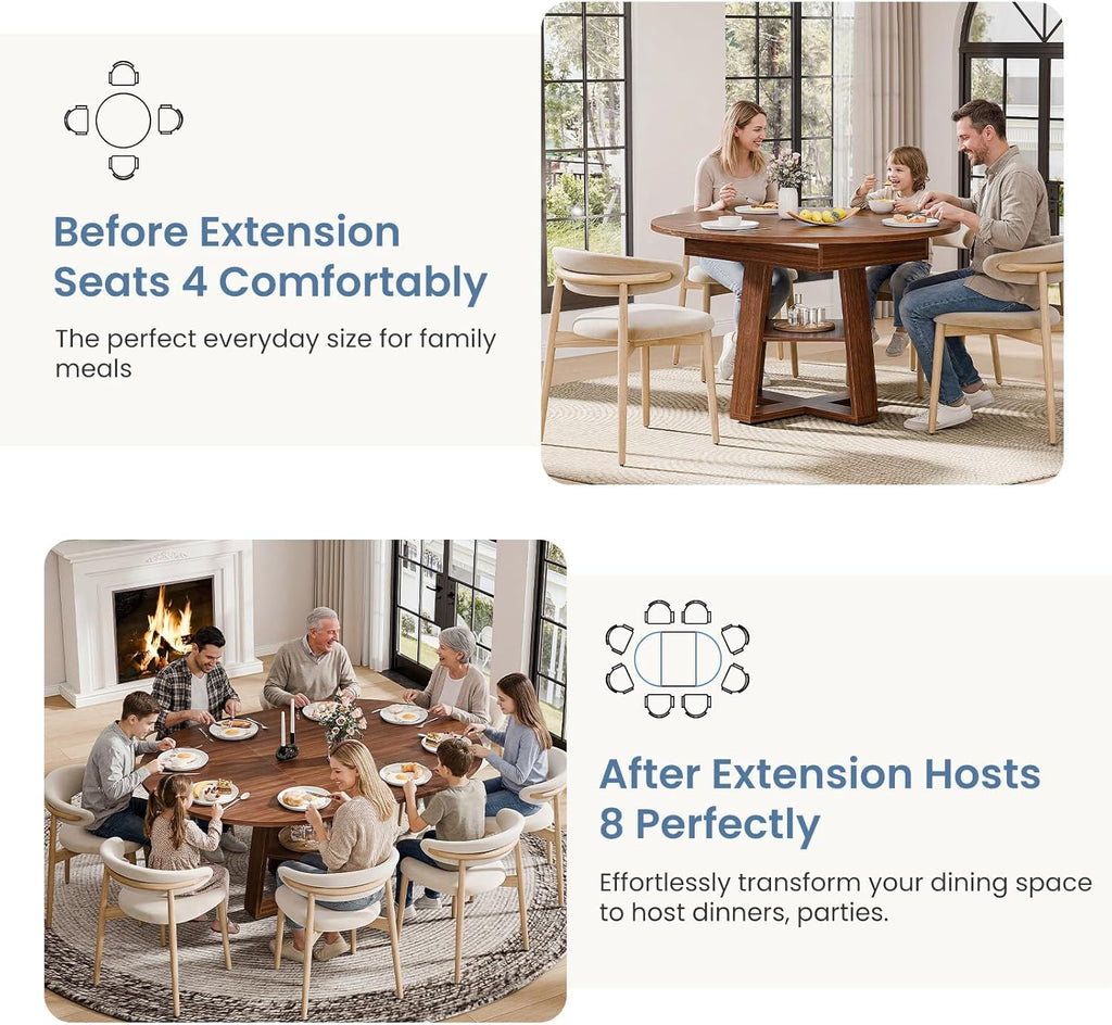 DUMOS Extendable Round Dining Table for 4-8, Modern Kitchen Oval Dinner Table with Storage Shelf, Wood Pedestal Table, Space Saving Modern Style, Brown