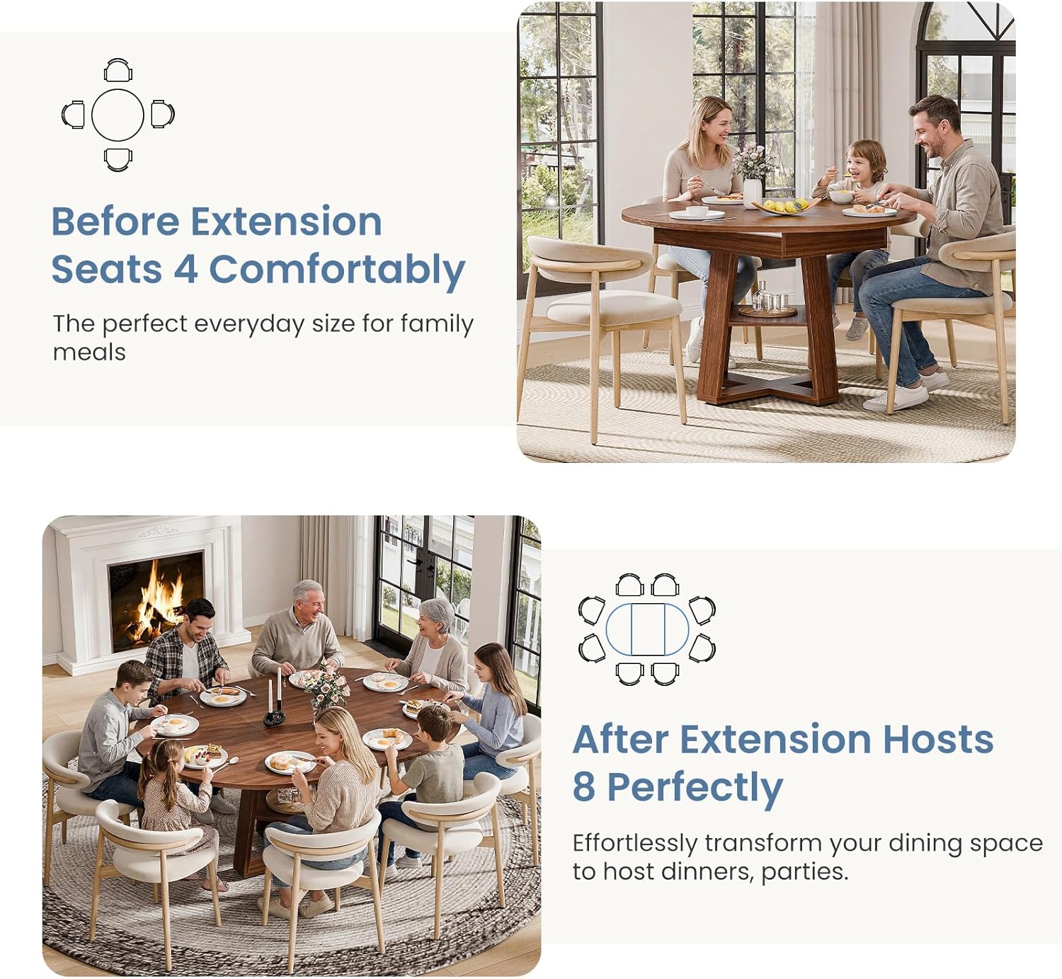 Extendable Round Dining Table for 4-8, Space Saving Kitchen Wooden Table with Storage Shelf and Sturdy Base for Kitchen, Dining, Living Room, Brown