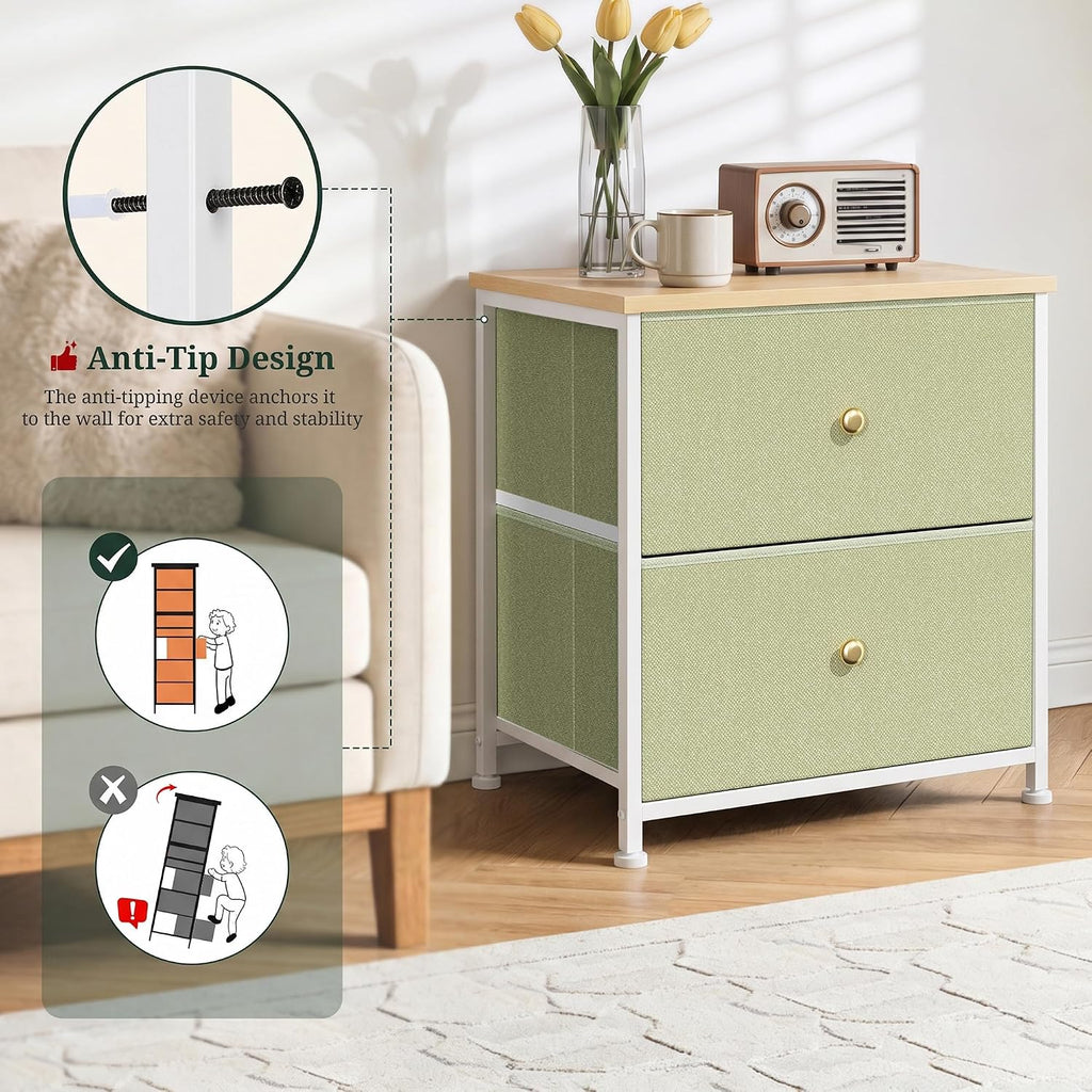 2 Drawer Fabric Nightstand, Bedside Table with Wooden Top, Light Green | Small Dresser for Bedroom with Wooden Top and Steel Frame Bedside Table Storage Organizer for Closets, Entryways and Dorms