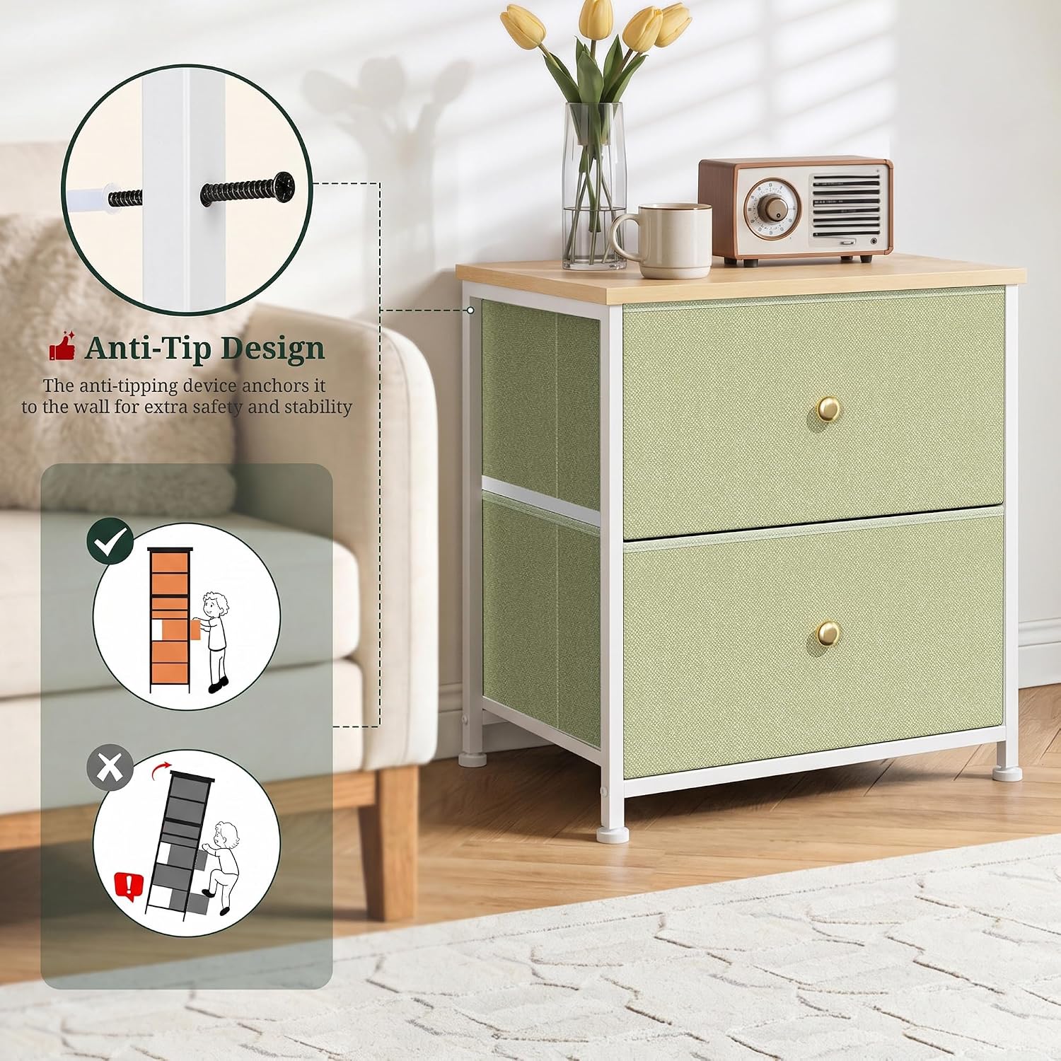 2 Drawer Fabric Nightstand, Bedside Table with Wooden Top, Light Green | Small Dresser for Bedroom with Wooden Top and Steel Frame Bedside Table Storage Organizer for Closets, Entryways and Dorms