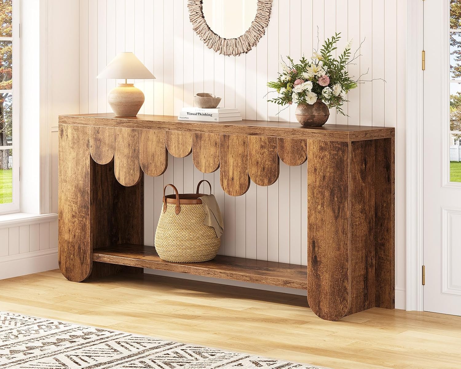 IBF 63” Long Entryway Table, 2-Tier Console Table with Storage, Farmhouse Wooden Rectangular Sofa Table Behind The Couch, Modern Entry Table for Hallway Entrance Foyer Home Living Room, Rustic Brown
