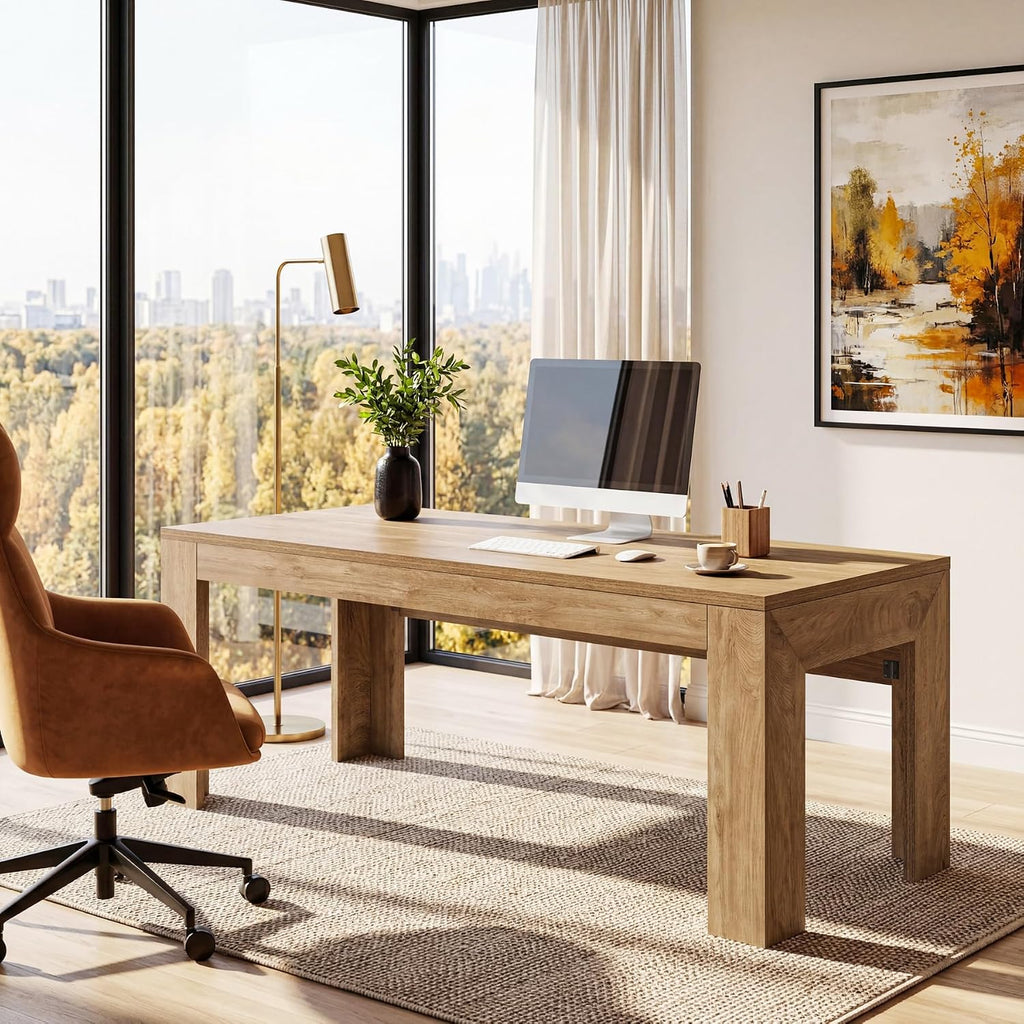 Tribesigns 63-Inch Office Desk, Modern Executive Desk with Large Tabletop, Wooden Computer Desk, Long Workstation for Home Office, Light Brown