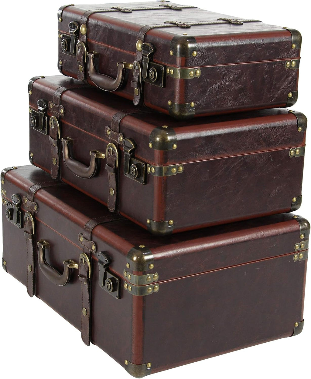 Deco 79 Faux Leather Decorative Trunk Nesting Upholstered Decorative Large Boxes with Vintage Accents and Studs, Set of 3 Storage Trunks 18", 21", 23"W, Brown