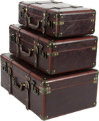 Deco 79 Faux Leather Decorative Trunk Nesting Upholstered Decorative Large Boxes with Vintage Accents and Studs, Set of 3 Storage Trunks 18", 21", 23"W, Brown