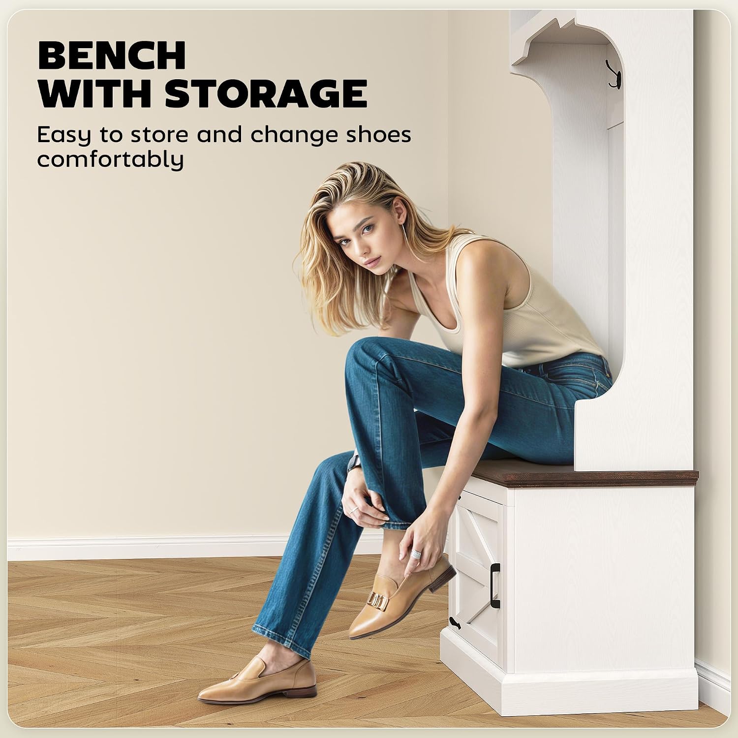 HOMCOM 3-in-1 Hall Tree with Shoe Storage, Shoe Bench, White Wood Grain | Standing Coat Rack, Entryway Furniture, Three Hooks