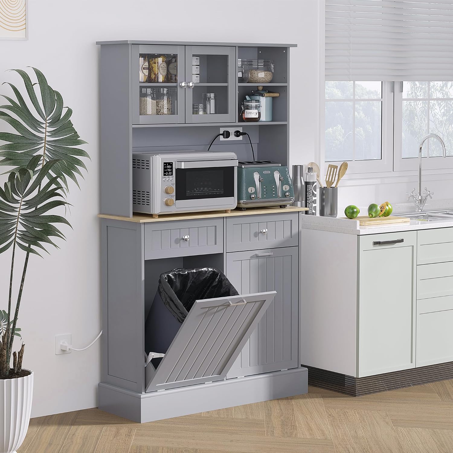 39.4" D*13.8" W*67.7" H Freestanding Kitchen Pantry with 2 Drawers, 2 Shelves, Top French Door & Lower Double Door, Rectangular Storage Cabinet, for Living Room, Dining Room, Gray