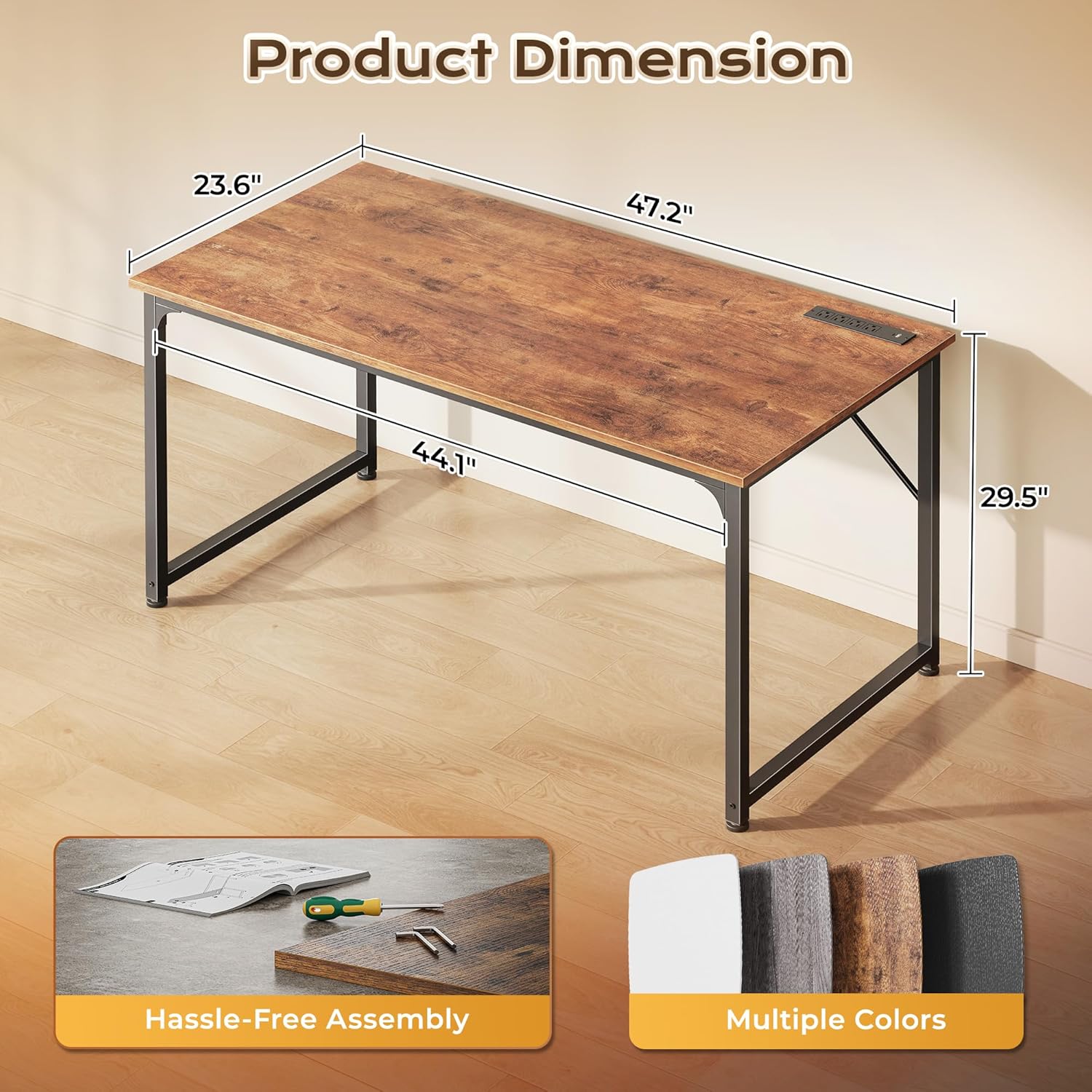 PRAISUN 47 Inch Computer Gaming Desk with Power Outlets and USB-C Port, 24 Inch Deeper Desktop, Office Desk for Home Office, Study, Bedroom, Writing Work from Home Desk, Metal Frame, Rustic Brown