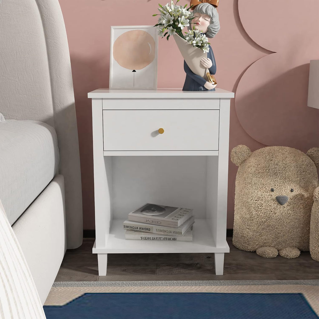 Kids Nightstand with One Drawer, 26.77''H Wooden Toddler Night Stand for Girls Bedroom, End Table One Shelf for Living Room, Small Modern Kids Bedside Table, White