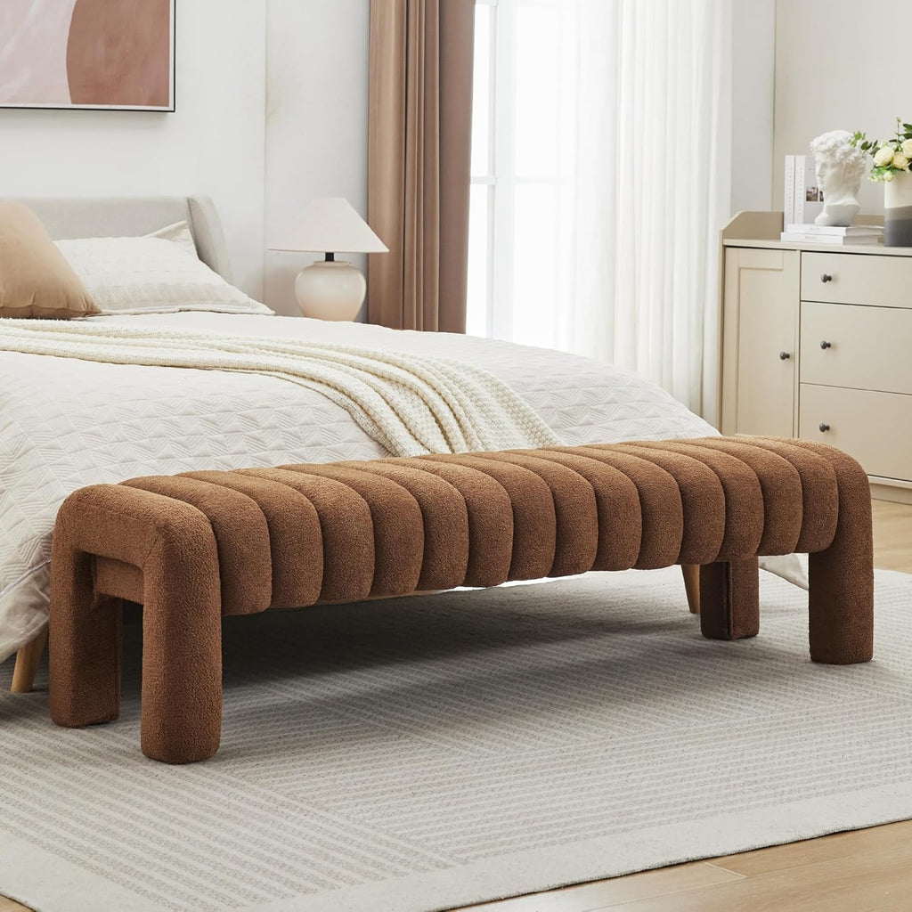 63" Bedroom Bench, Upholstered Entryway Bench, Modern End of Bed Ottoman with Solid Wood Legs and Adjustable Foot Pegs for Entryway, Dining Room and Living Room (Rust Brown Boucle)