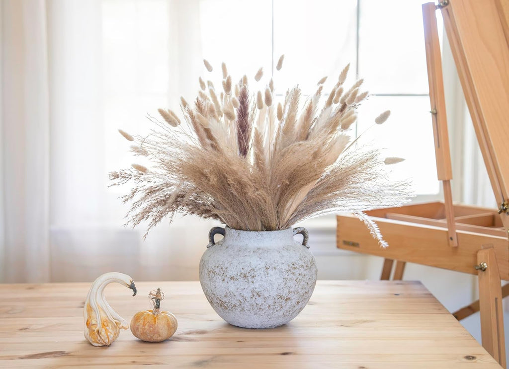 Rustic Farmhouse Textured Ceramic Vase with Two Handles, Distressed White Pottery Flower Vase for Centerpiece, Decorative Vases for Living Room, Kitchen, Table Top Decor, Gift & Weddings