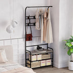 IDEALHOUSE Narrow Hall Tree Storage Bench, 4-in-1 Coat Rack with 3-Tier Shelf and 8 Hooks, Rustic Grey