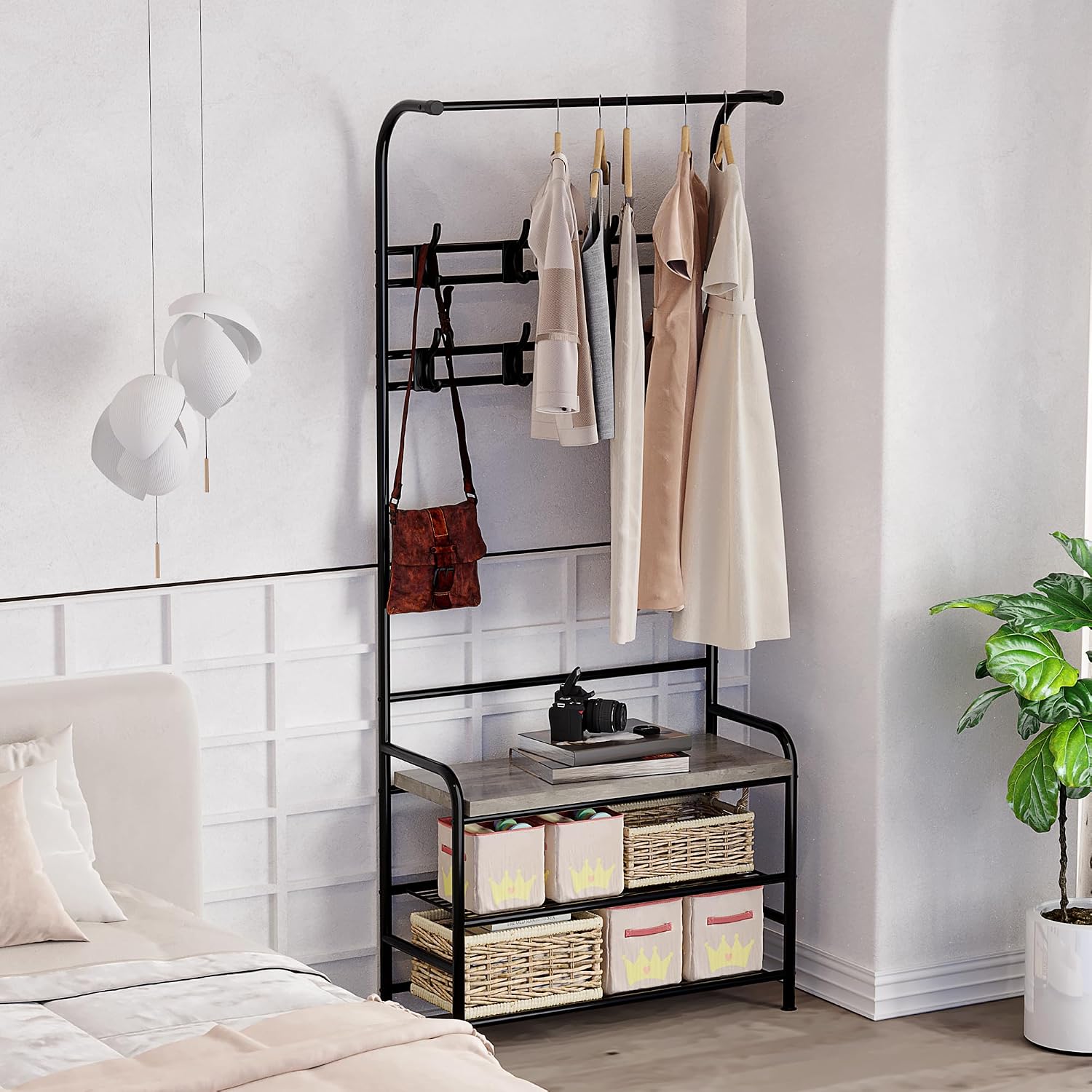 IDEALHOUSE Narrow Hall Tree Storage Bench, 4-in-1 Coat Rack with 3-Tier Shelf and 8 Hooks, Rustic Grey