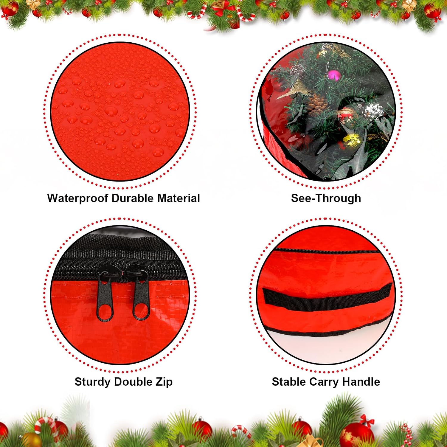 Pwsap 2 Pack Christmas Wreath Storage Container - 30 Inch, Garland Storage, Christmas Large Wreath Storage Container Cover, Durable Tarp Material, Dual Zipper Storage Bag for Xmas Holiday, Red